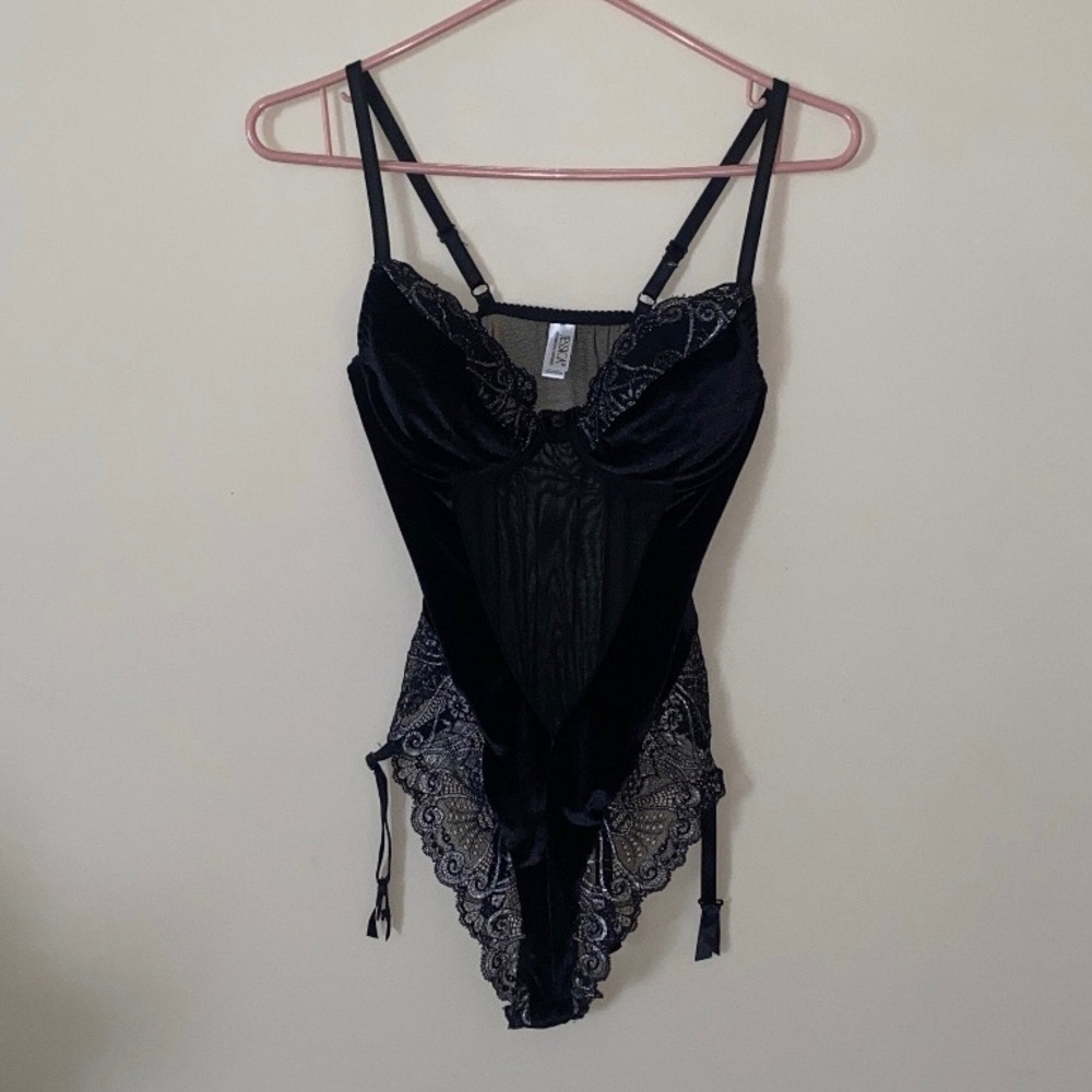 Jessica Vintage Black Velvet & Lace Sheer Teddy Bodysuit